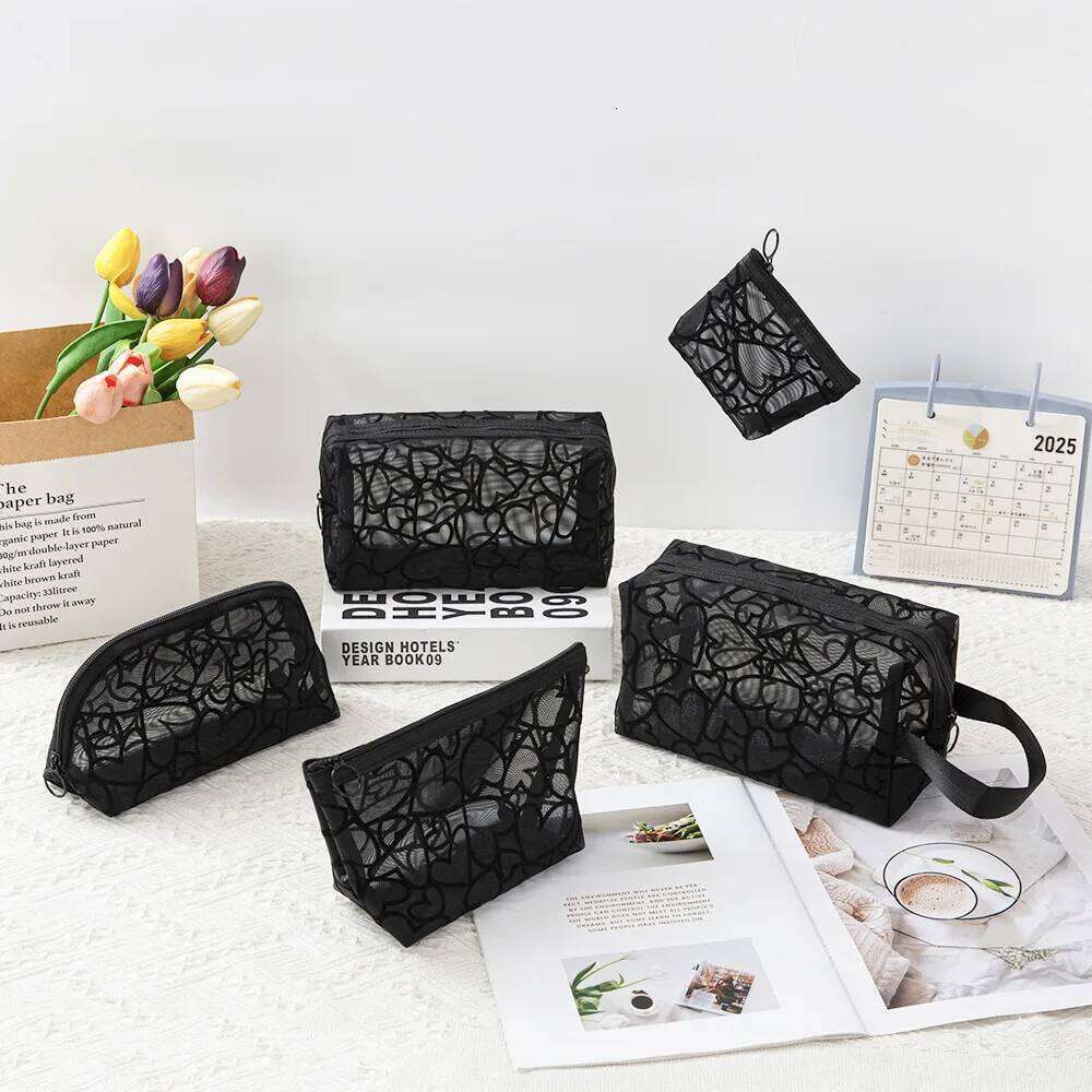 1Pc Fashion Heart Transparent Women Cosmetic Mini Portable Makeup Lipsticks Storage Pouch Handbag Mesh Nylon Zipper Bag Y260206