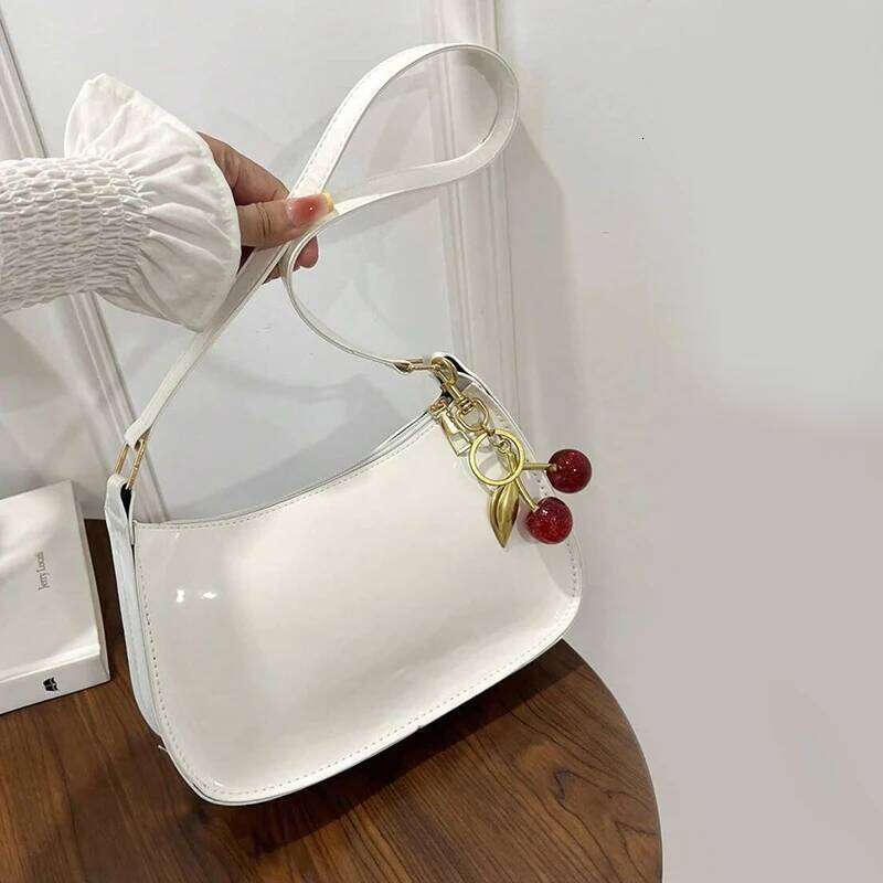 Glossy PU Leather Handbag Versatile Fashion Solid Color Cherry Pendant Shoulder Casual Commuting Tote Girls Underarm Bag Y260205