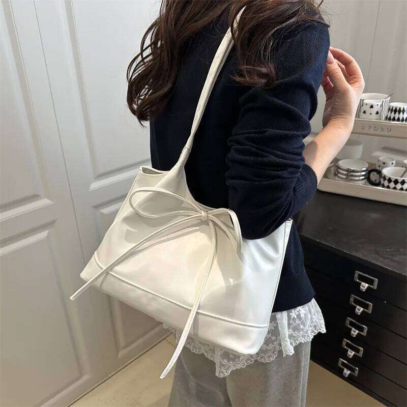 Sweet Bow Women Commuter Shoulder Bags Candy Color Large Capacity Ladies Handbags Simple Pu Leather Female Bucket Tote Bag Y260205