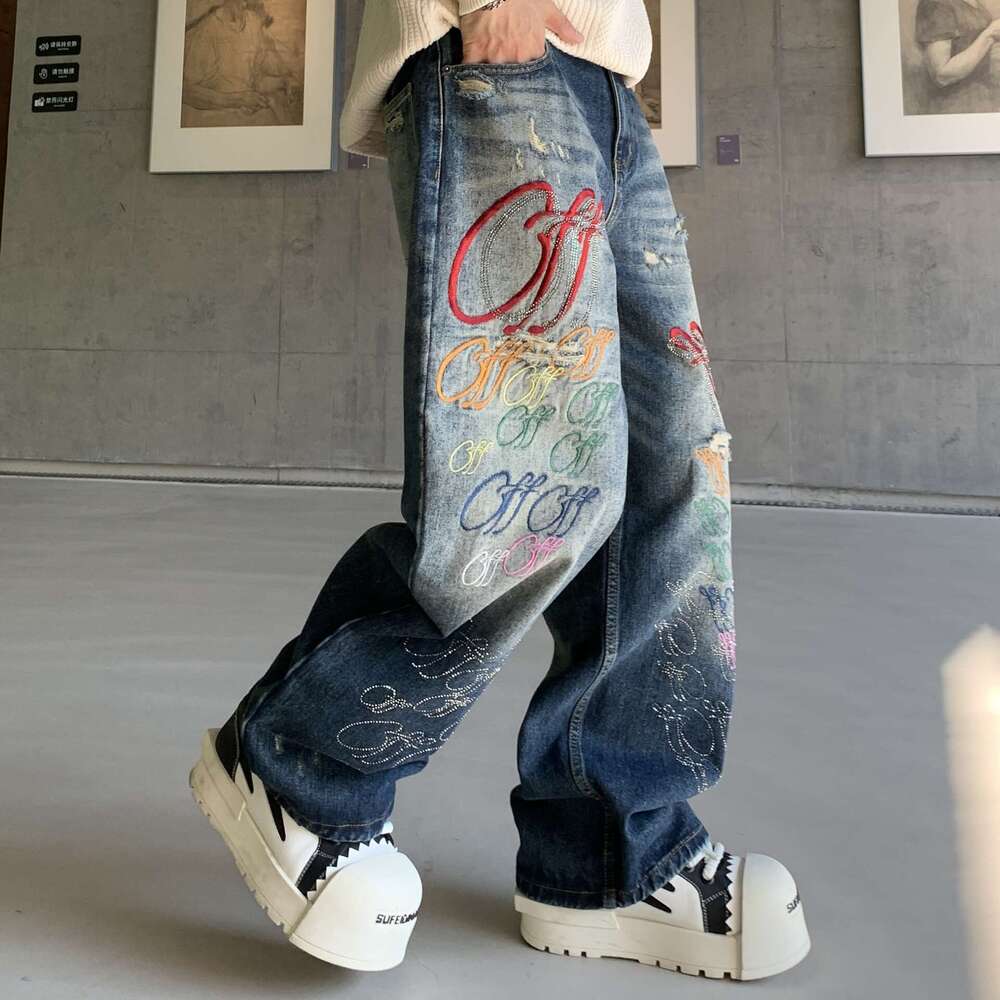 Letter embroidery straight-leg denim pants for men - new autumn style, high street design, loose and wide fit, floor-length, trendy L260127
