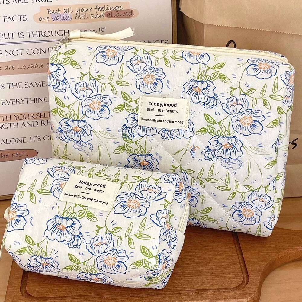 New Vintage Flower Women Cosmetic Portable Makeup Travel Organizer Quilted Handbag Tote Cotton Large Zipper Bag Y260206