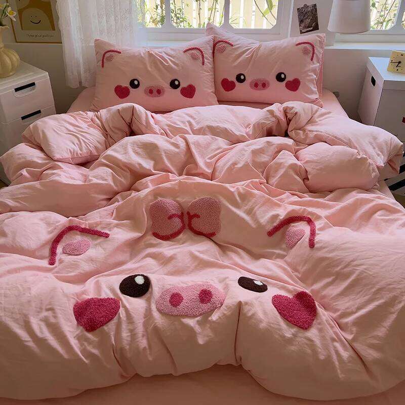 Kawaii Pink Pig Duvet 4pcs Bedding Set Kids Girls Bedroom Quilt Polyester Comforter Cover 1 Flat Sheet 2 Pillowcases XJ260206