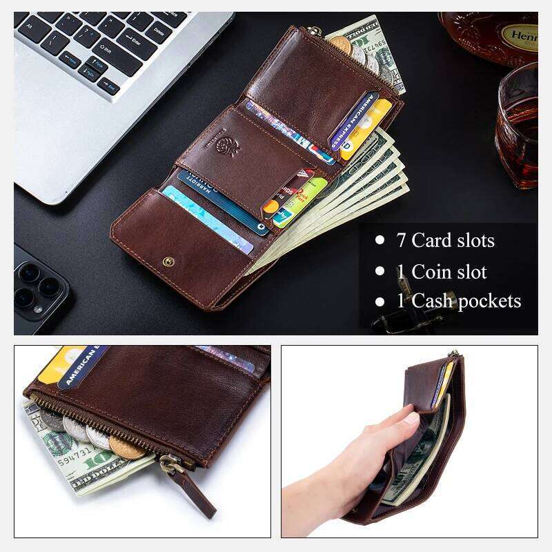 Genuine Leather Wallet for Men Minimalist Tri-Fold Purse with RFID Protection Zipper Coin Pocket Credit Card Slots Y260206