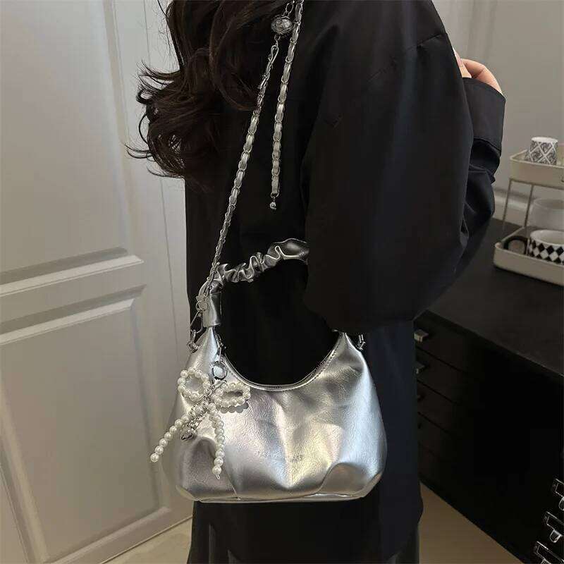Hot Y2K New Underarm Bags for Women Pleated Handle Design Ladies Pearl Bow Handbag Adjustable Strap Shoulder Crossbody Bag Z260207 - view 4