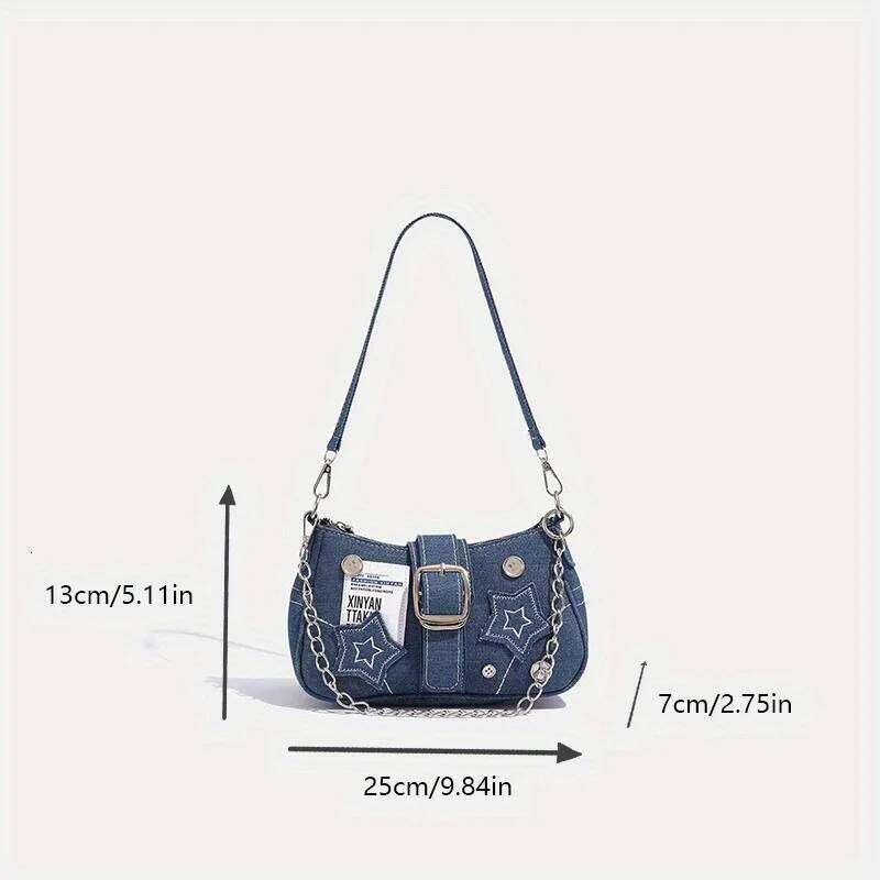 Trendy Star-Patterned Underarm Bag, Fashion Crescent Canvas Handbags with Chain Strap, Denim Handbag Shoulder Bag Y260205