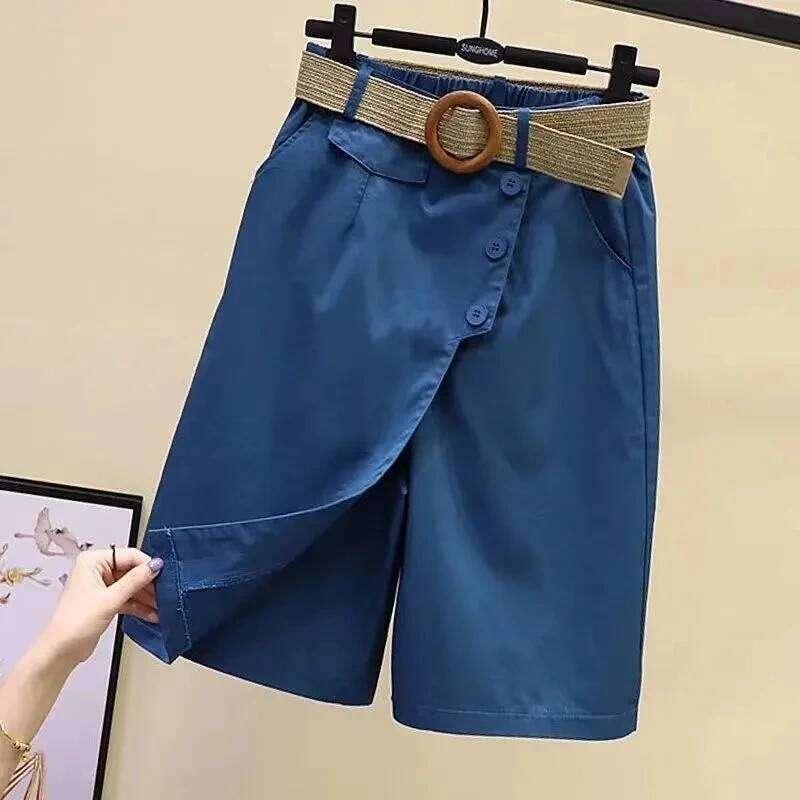 Pants Skirt for Women Shorts Summer Wide Leg Blue High Waist Straight-legged Pockets Woman Short Black Korean Fashion Culotte XJ260206