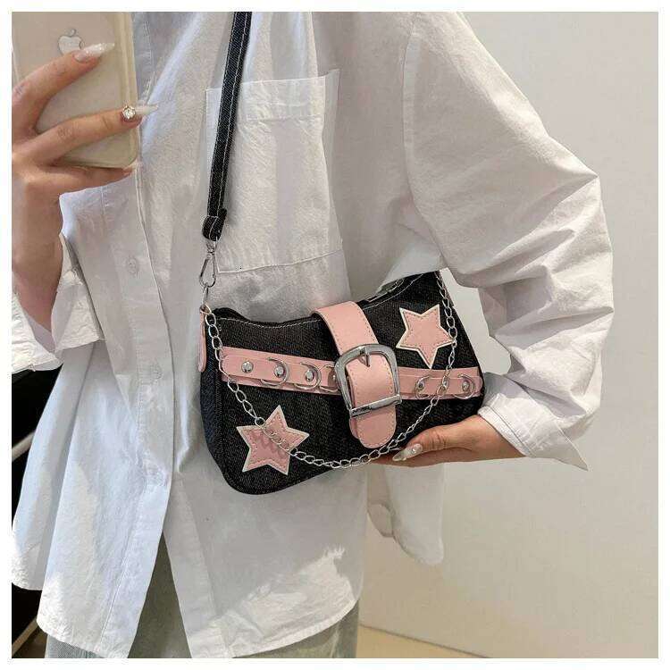 Y2k Hot Girls Denim Shoulder Bags Retro Rivet Star Women's Underarm Portable Female Chain Armpit Bag Small Purse Handbags Y260205