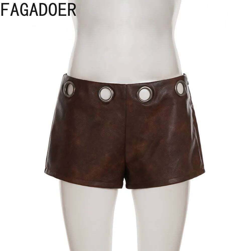 FAGADOER Sexy Leather Woman 2 Piece Set Outfit Solid Color Hole Patchwork Shorts Female Streetwear Bottoms Summer New XJ260206