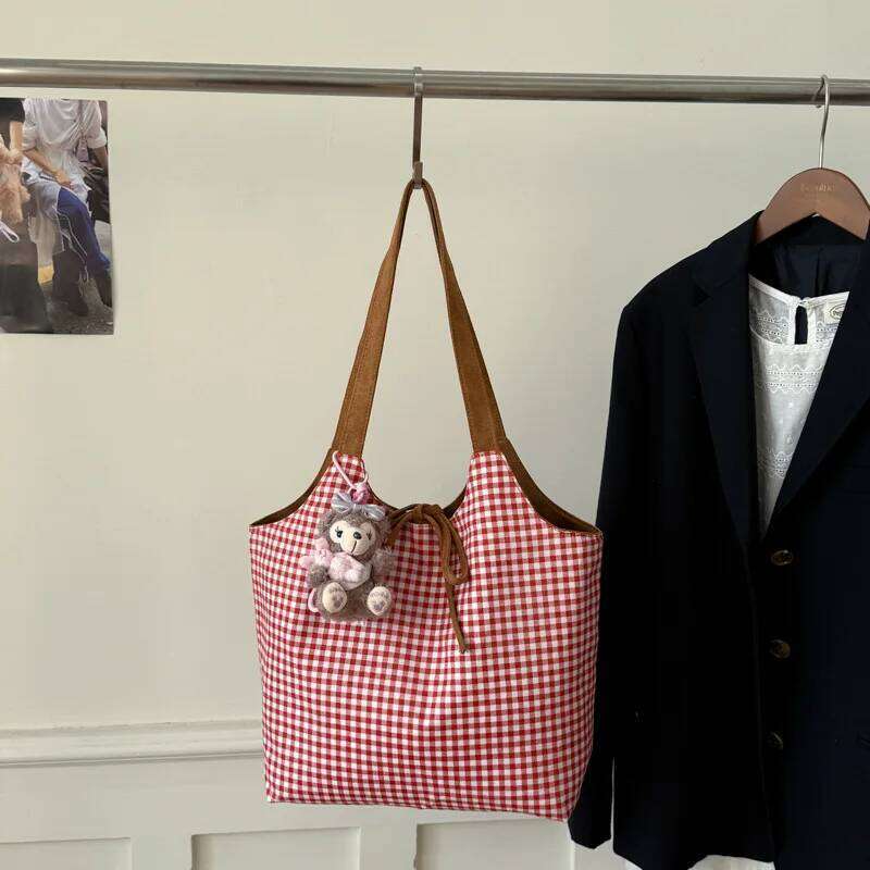 Korean Lazy Style Plaid Double-sided Back Matte Retro Commuter Women's Autumn and Winter Fashion Shoulder Tote Bag Y260205