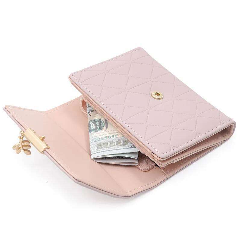 Purse women's short 2024 Japan and South Korea small fresh diamond lattice leaf pendant buckle folding three-fold bag multi-card Y260206