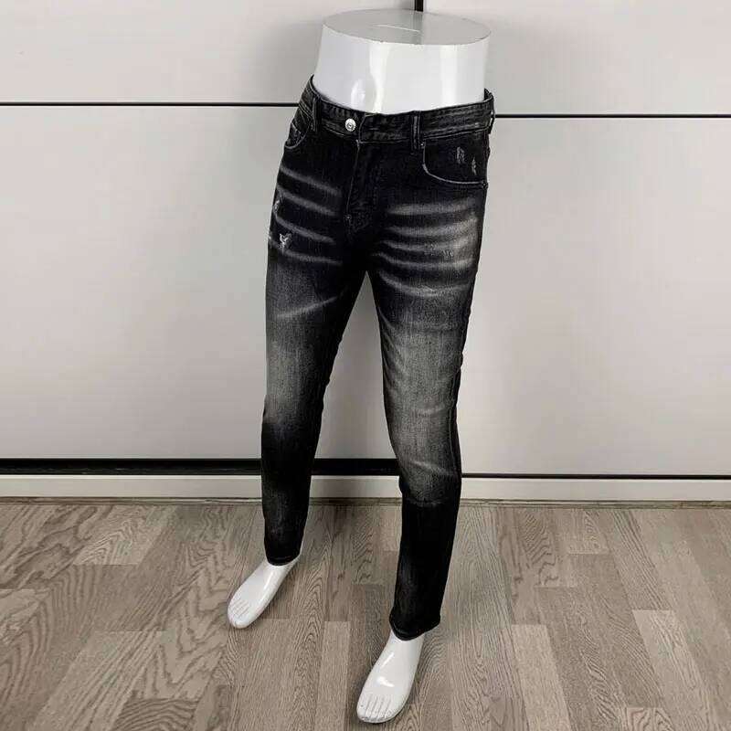 Street fashion men's black gray high-quality stretch slim fit wave jeans, designer retro brand pants, hombre X260207