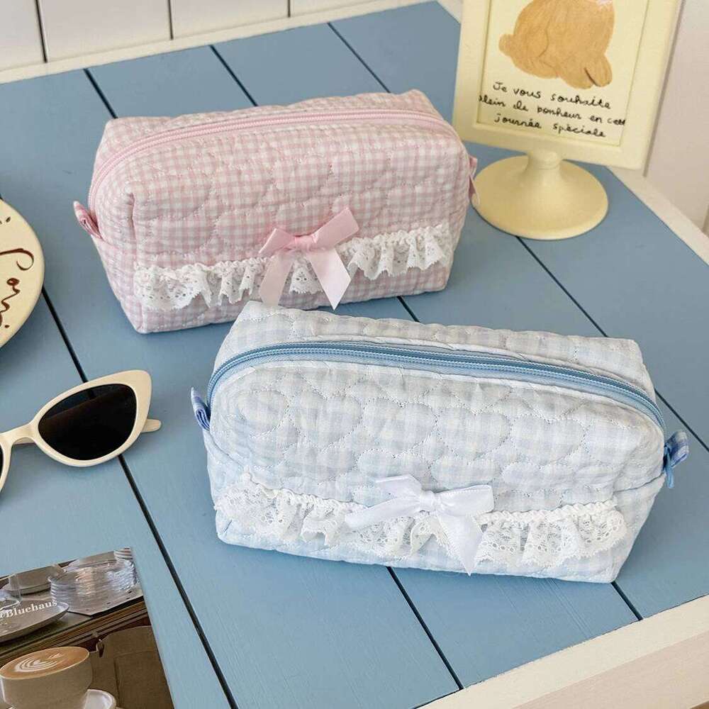 New Fashion Lace Bow Women Makeup Handbag Large Capacity Cosmetic Storage Pouch Portable Travel Organizer Square Zipper Bag Y260206