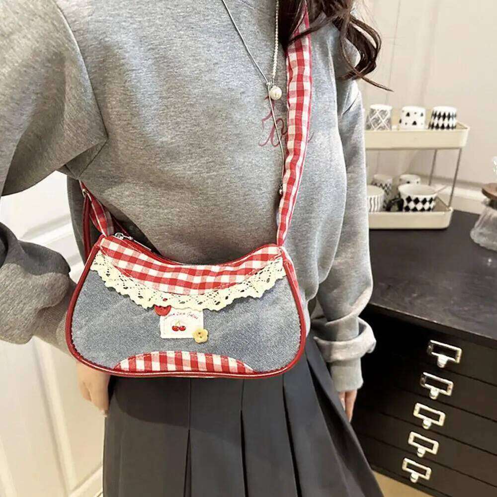 New Cute Checkered Handbags Sweet Lace Underarm Bowknot Armpit Crossbody Y2k Fashion Casual Shoulder Bag Y260205