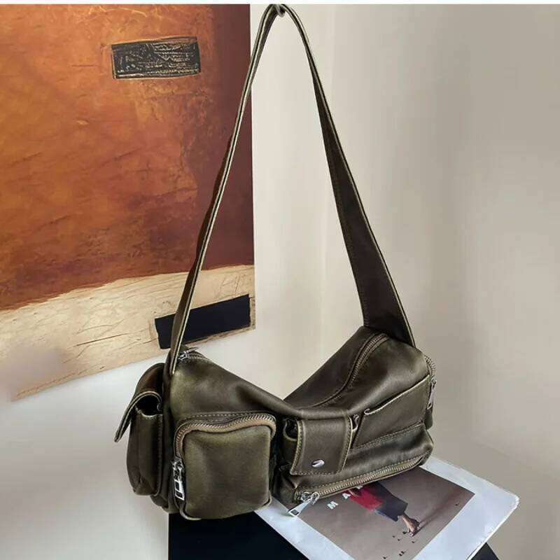 Women Y2k Leather With Wide Shoulder Strap Zipper Handbag Creative Multi Pocket Design Underarm Motorcycle Bag Y260205