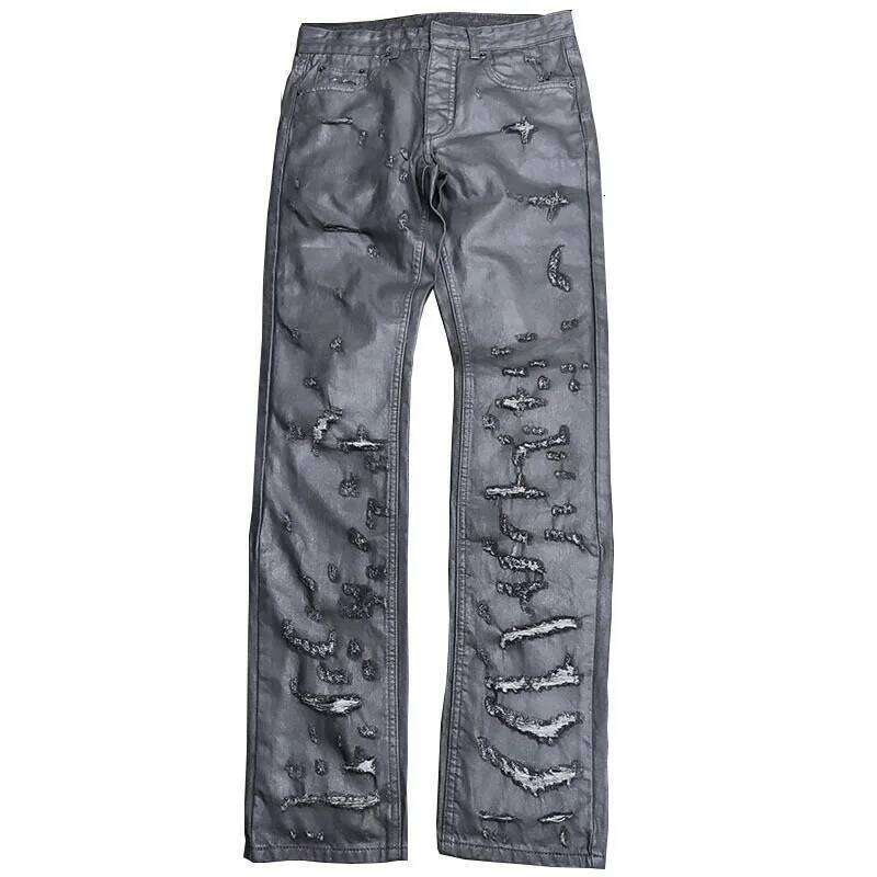 High Street Men's Black Glue Greatly Damages Pants Brush Wax Coating Torn Holes Wash Water Slim Streetwear Fit X260207 - view 4