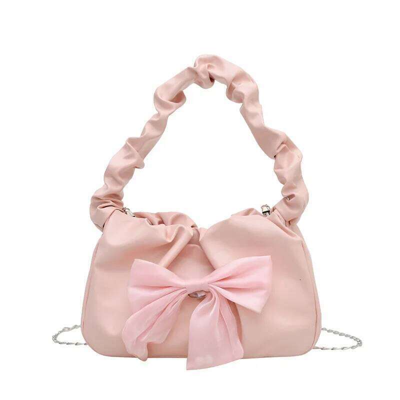 French Sweet Bow Pleated Strap Shoulder Bags for Women Versatile Ladies Chain Crossbody Bag Solid Color Female Pu Handbag Purse Y260205
