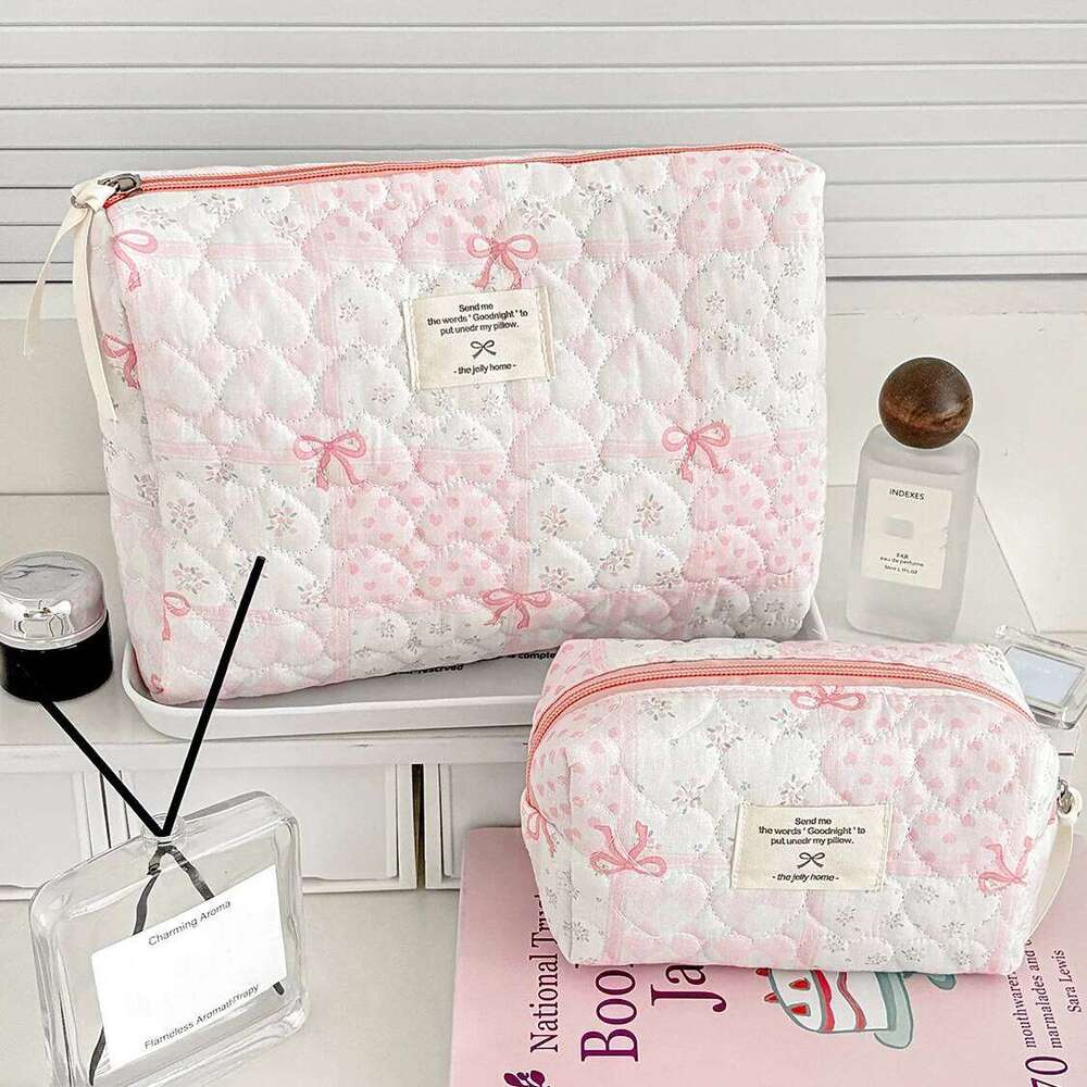 Fashion Heart Pink Floral Women Cosmetic Pouch Tote Portable Travel Women's Toiletry Bow Ladies Quilting Brush Bag Y260206
