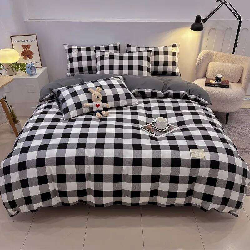 2025 new skin-friendly and comfortable washed cotton simple striped plaid color four-piece set, bed sheet kit XJ260206