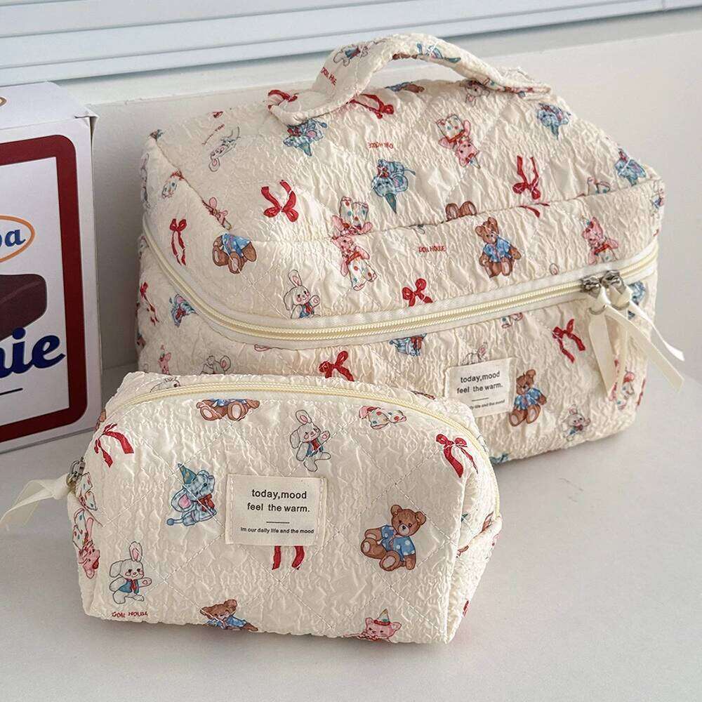 Kawaii Cartoon Animals Women Quilted Large Capacity Cosmetic Toiletry Organizer Pouch 3 Type Ladies Zipper Makeup Bag Y260206