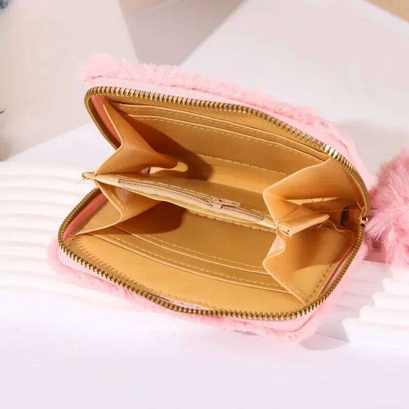 Girls Cute Plush Heart Print Children's Zipper with Holder Clutch Bag Mini Purse Coin Pouch Card Wallet Y260206