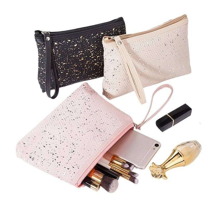 New Fashion sequin PU Leather Cosmetic Large Capacity Portable Women's Handheld Makeup Storage Bag Y260206