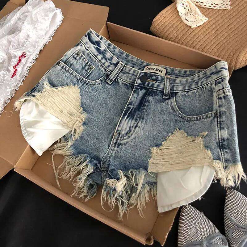 Ripped Jeans Shorts Women's Retro Pockets Fringed Rough Edge Design Y2k Slim-fit Hip-wrapped Super Short Hot Pants XJ260206