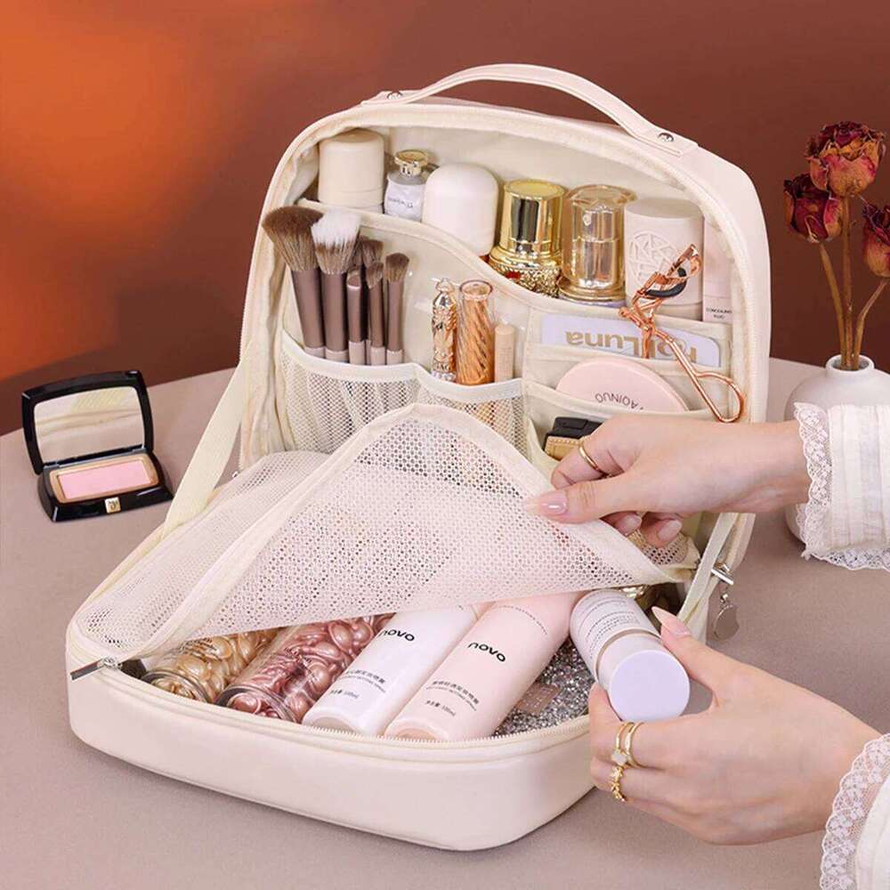 Bag For Women PU Multi Pocket Cosmetic Organizer Portable Double Zipper Travel Makeup Brush Toiletries Storage Bags Y260206