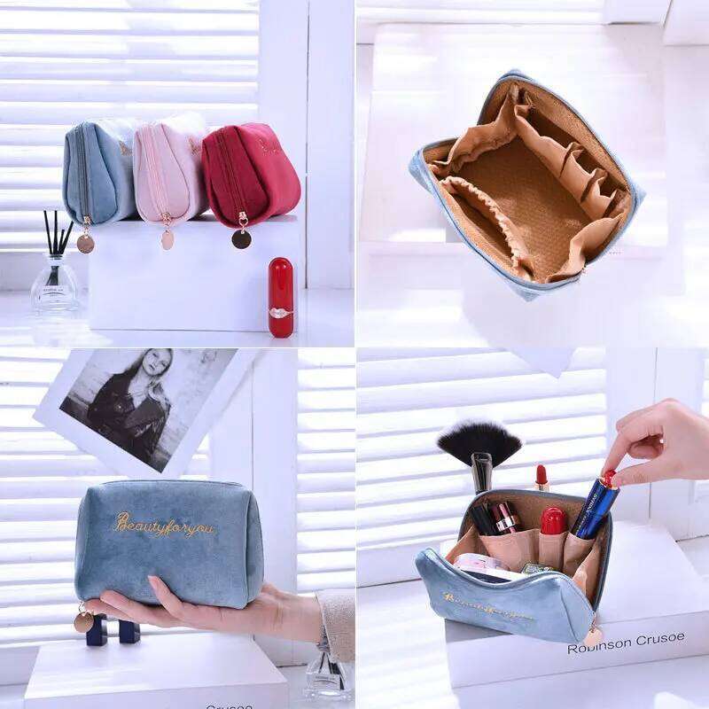 Embroidered plush portable one batch multi-compartment classified cosmetic storage bag Y260206