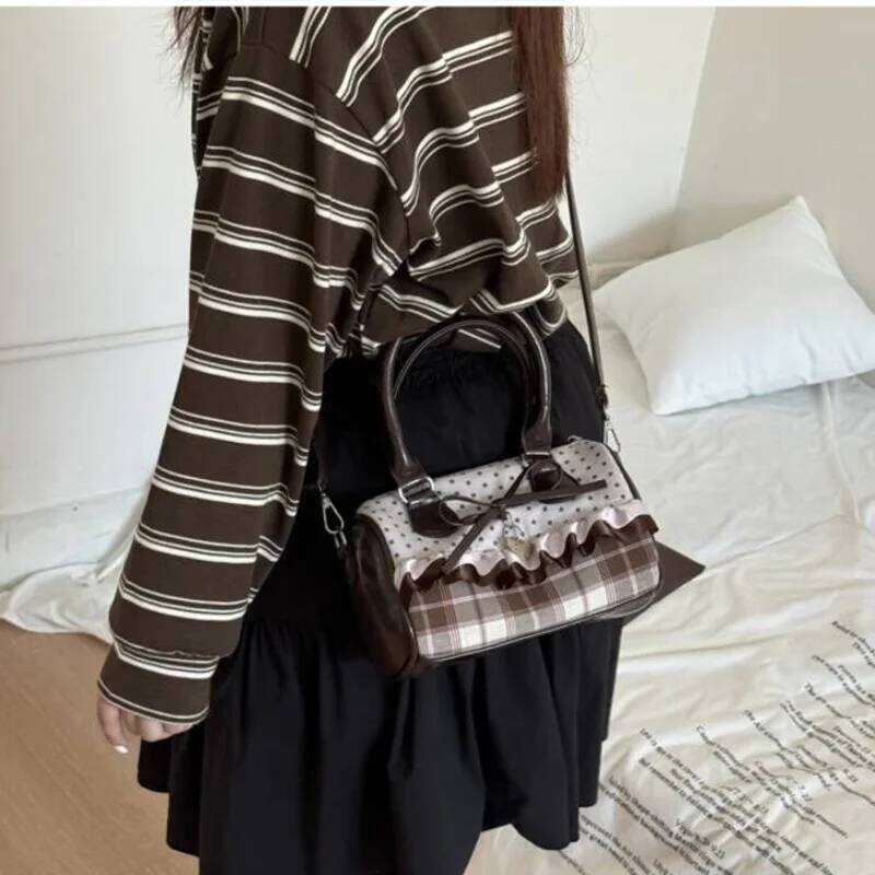 Cute Polka Dot Mini Handbag Brown Bow Design Ruffle Shoulder Sweet Plaid Detail Small Tote Purse Women Casual Crossbody Bag Y260205
