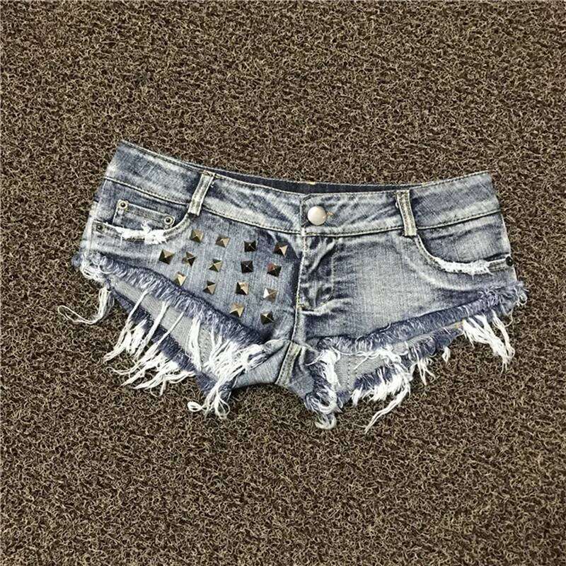 Women's Shorts Sexy Hole Rivet Low Waist Thong Denim Ultra Mini Short Female Bikini Jeans Feminino Nightclub XJ260206