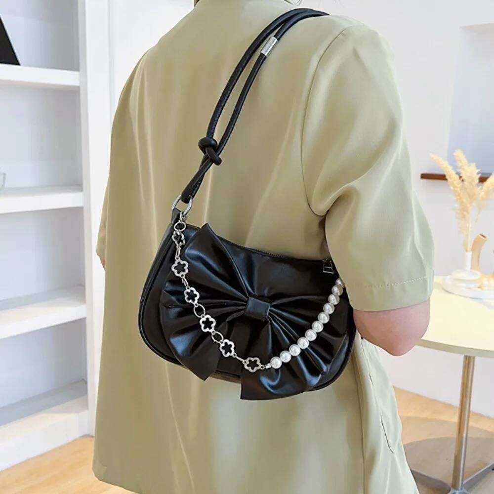 Casual PU Leather Bowknot Shoulder Pearl Solid Color Women Underarm Bag Korean Style Large Capacity Bow Handbag Shopping Y260205