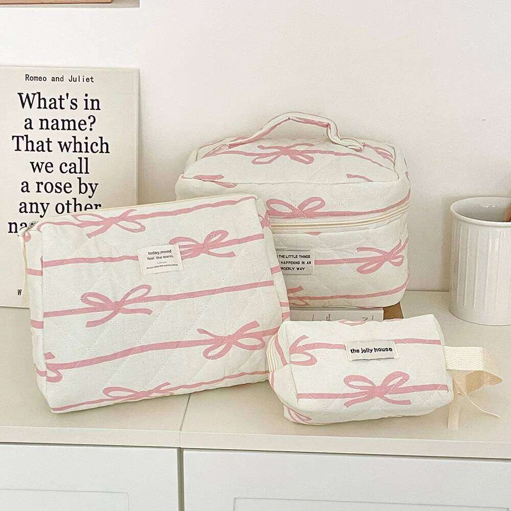 Pink Bowknot Women's Makeup Portable Tote Quilting Cosmetic Storage Pouch Handbag Make Up Large Cpapcity Zipper Mini Bag Y260206