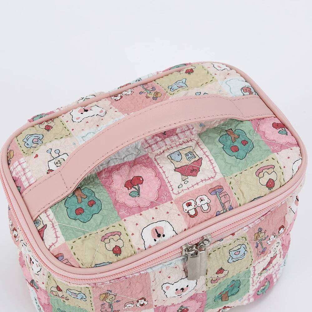 Sweet makeup bag, cute new style checkered cat portable partitioned storage, large capacity for travel and hand-carry toiletries Y260206