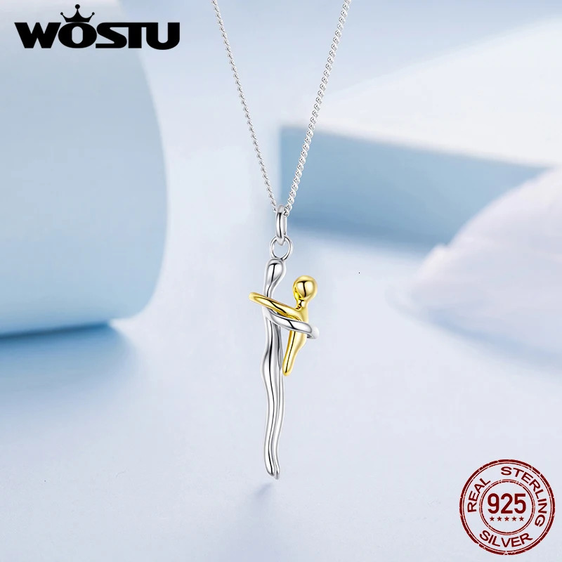 WOSTU Real 925 Sterling Silver Hug Embrace Pendant Necklace Silver Gold Two-tone Mom Child Pendant Family Gift Mom Jewelry 260124