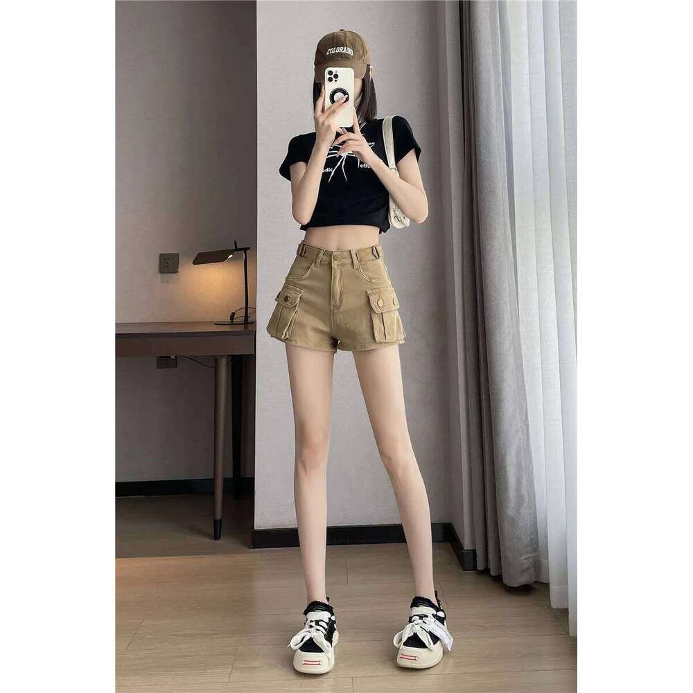 2025 Summer New Elastic Denim Shorts for Women American High Waist Loose Lace Design Spicy Girl Work Pants XJ260206
