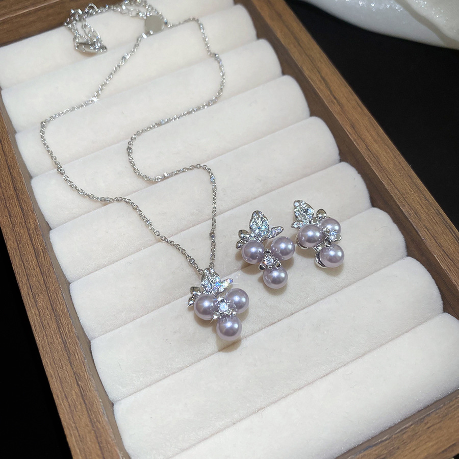 French-style zircon flower pearl earrings and necklace, vintage elegant jewelry set, light luxury high-end accessories for women - view 7