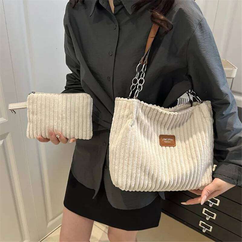 Corduroy Handbag Shoulder Casual Large Capacity Tote Bag with Mini Pouch, Versatile Underarm Bags for Daily Commute Outfits Y260205