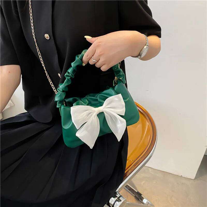 Bow Accented Ruched Tote Bag, Retro Chic Chain Crossbody Bags for Women Mini Crossbody/handbag Purse, Trendy Cloud Shoulder Bag Z260207 - view 5