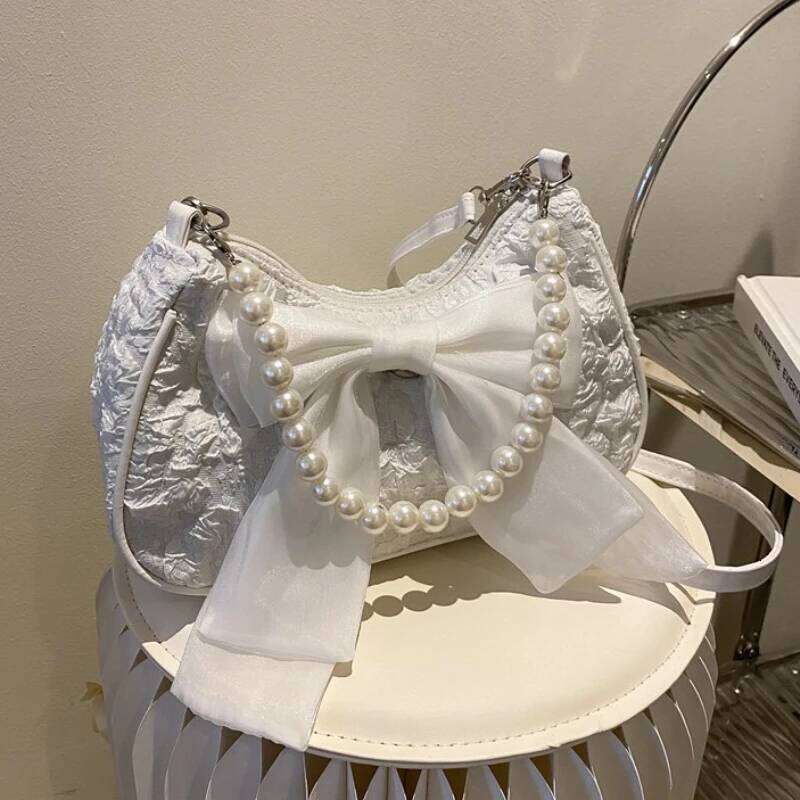 Women Retro Bow Single Shoulder Crossbody Bag Fashion Pearl PU Purse Handbag Y260205