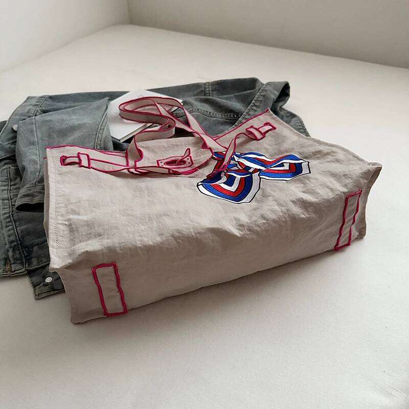 Japanese Nylon Silk Scarf Embroider Tote Large Capacity Fashion Shoulder Bag for School Work Shopping Retro Handbag 2025 NEW Y260204