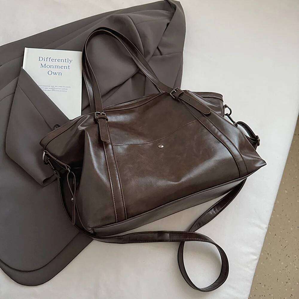Dark Large Capacity Shoulder PU Leather Tote Solid Color Crossbody Purse Classic Design Casual Style Women Daily Use Bag Y260204