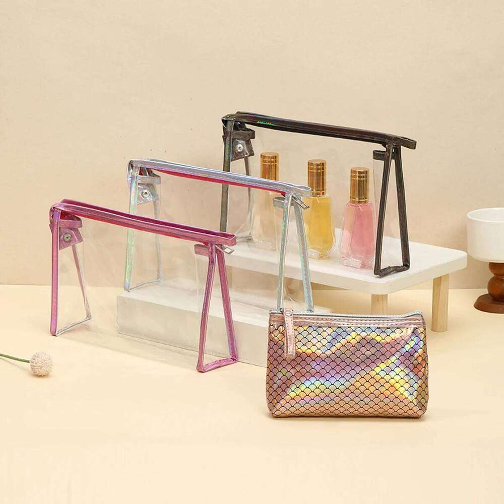 Fashion two-piece waterproof PVC cosmetic Laser fish scale transparent storage beauty Multi functional makeup bag Y260206