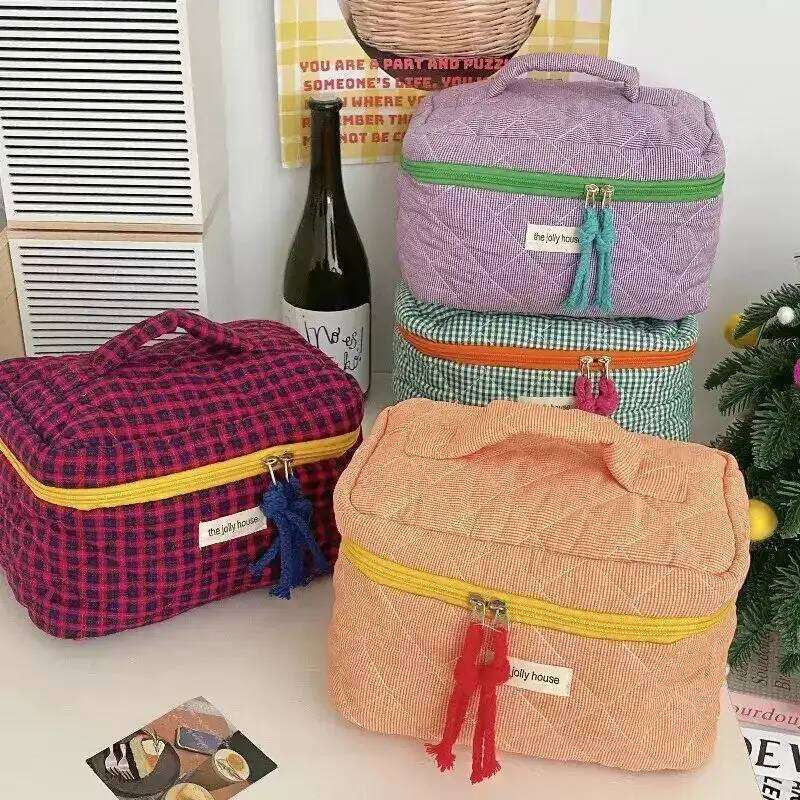 Ladies' Color Blocking Checkered Women's Ins Large Capacity Makeup Brush Storage Bag Skincare Toiletry Wash Case Y260206