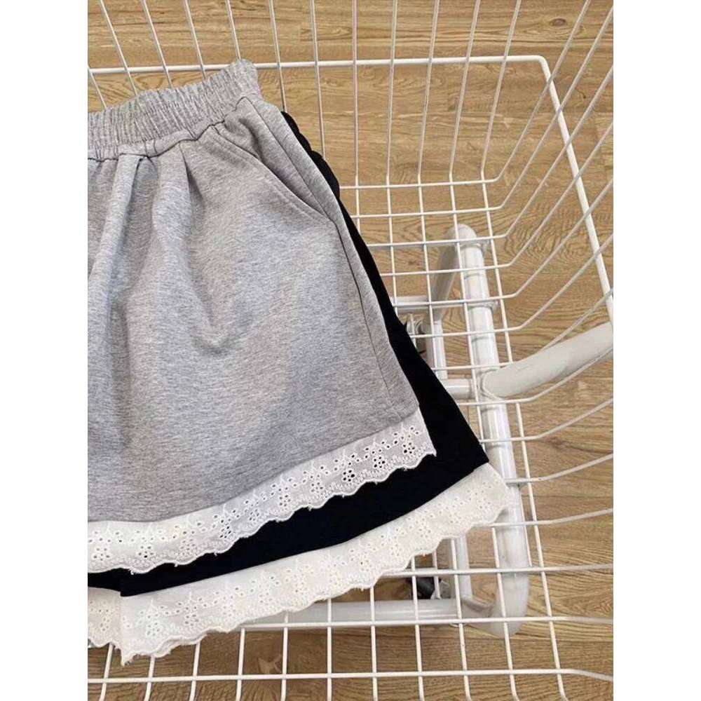 Shorts Women Lace Patchwork Solid Color High Elastic Waist Korean Fashion Sweet Casual Daily Loose Girlish Age-reducing Workout XJ260206