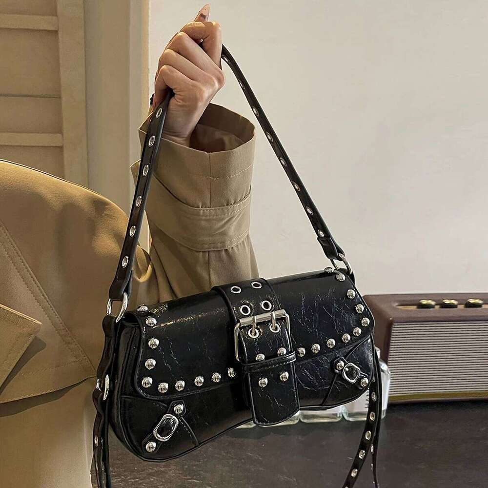 Trendy Punk Steampunk Gothic Style Y2K Fashion Novelty Rivet Decoration Underarm Bag, Simple Shoulder Bag Y260205