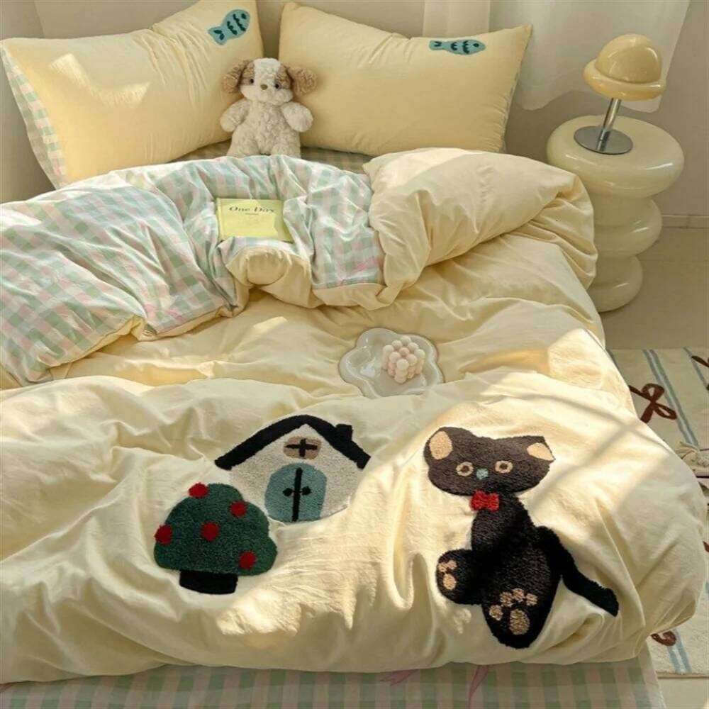 Cartoon German Cat Towel Embroidery Sanded Autumn And Winter Bedding Four-Piece Set Quilt Cover Bed Sheet Cute XJ260206