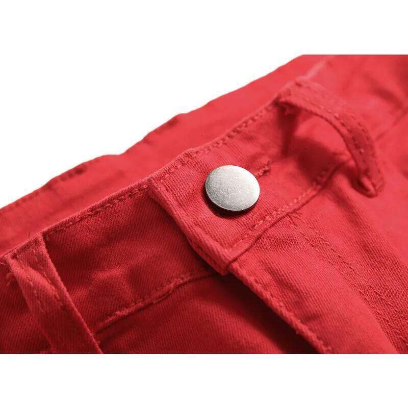 Red Men's Stretch Jeans, Featuring A Distinctive Multi-ripped Design and Elastic Fabric, Showcase Individual Style Denim Pants. X260207