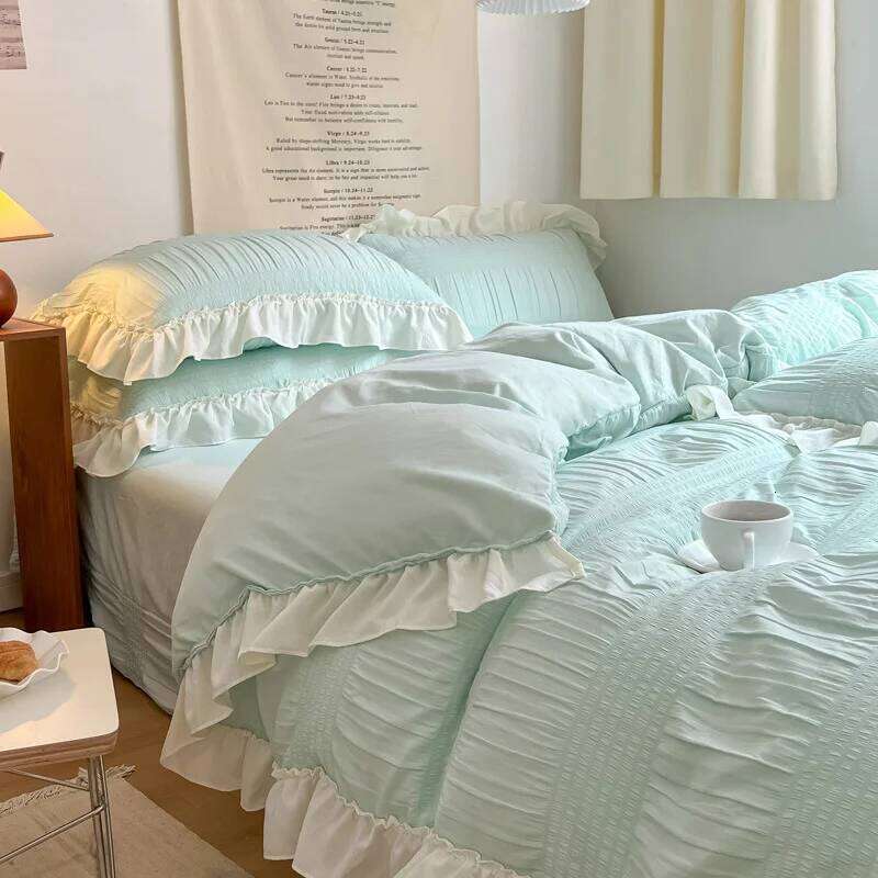 Lace Seersucker Ins Style Korean Washed Cotton 4-piece Bed Sheet Quilt Solid Color Duvet Cover For Girl Spring Decor Home XJ260206