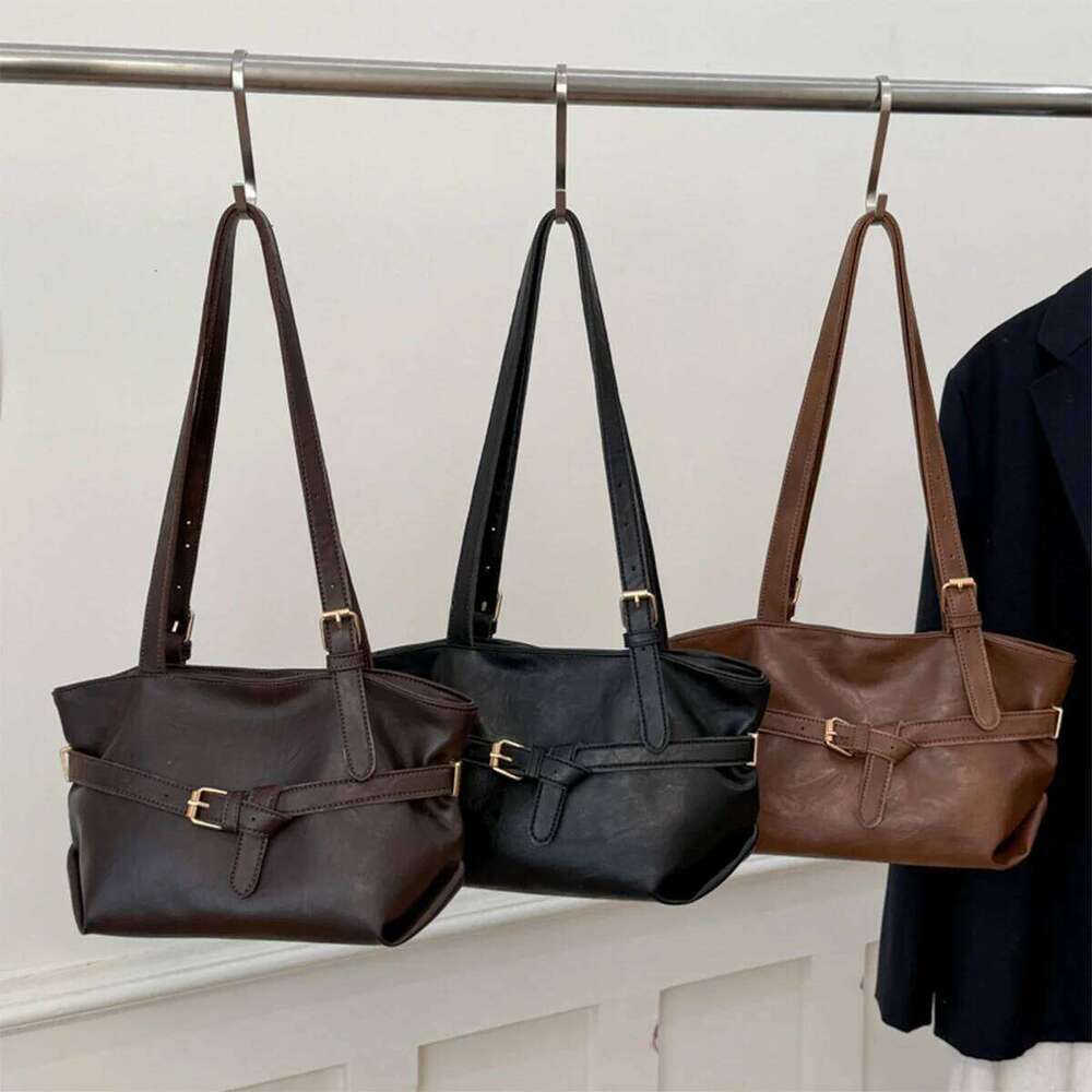 Minimalist Vintage Glossy Tote Belt Detail Large Capacity Zipper PU Water Resistant Shoulder Bag for Daily Commute Shopping Y260205