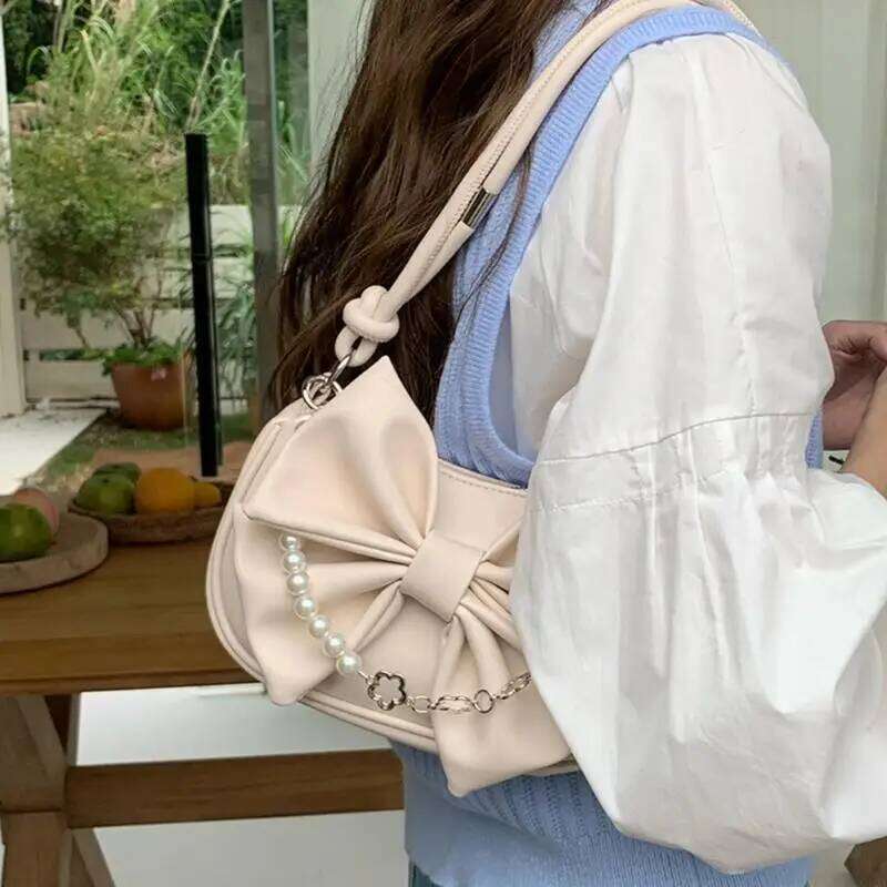 Q1QA Women Bags Pearl Chain Shoulder Bowknot Underarm Bag PU Leather Handbag Y260205